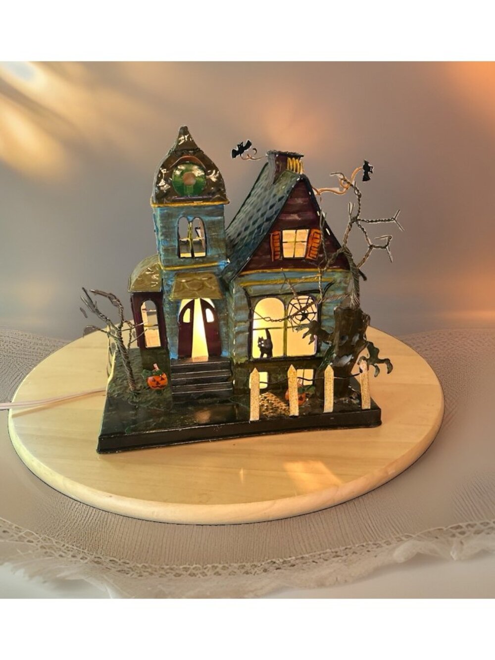 Halloween Haunted House Metal Light Up Tin Spookhouse w/ Electric Plug-in 8"x9”